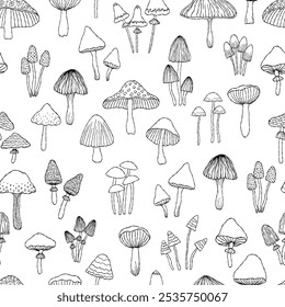 Line art mushrooms collection seamless, black contour illustration, fantastic and magical various types of mushrooms