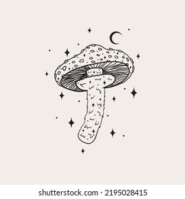 Line art mushrooms. Simple art with magical minimalistic mushrooms. Witch craft, vector art.