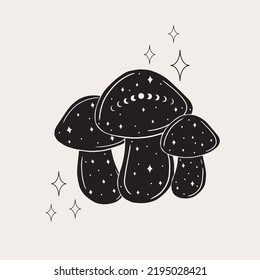 Line art mushrooms. Simple art with magical minimalistic mushrooms. Witch craft, vector art.