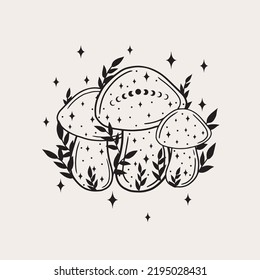 Line art mushrooms. Simple art with magical minimalistic mushrooms. Witch craft, vector art.