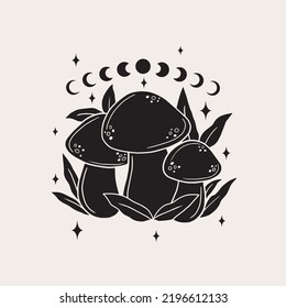 Line art mushrooms. Simple art with magical minimalistic mushrooms. Witch craft, vector art.