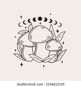 Line art mushrooms. Simple art with magical minimalistic mushrooms. Witch craft, vector art.