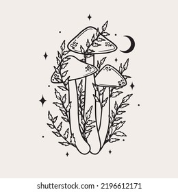 Line art mushrooms. Simple art with magical minimalistic mushrooms. Witch craft, vector art.