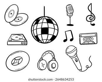 Coleção de Ícones de Música Line-Art. Uma coleção de 10 ícones de música desenhados à mão, incluindo disco, bola de disco, microfone, cassete, notas, fones de ouvido, toca-discos e muito mais. Perfeito para projetos criativos