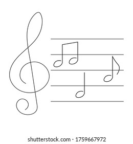 Line art music notes, treble clef, white background, vector illustration.