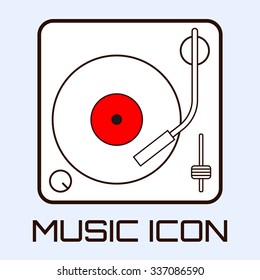 Line art musical icon of vinyl deck, white on light blue background. Vector graphics.
