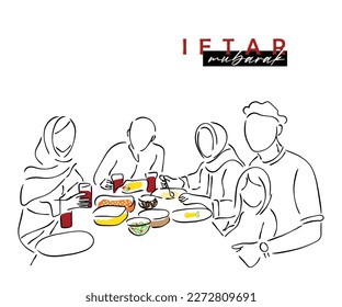 Line art of Muslim family at iftar time. Family dinner ramadan concept. 