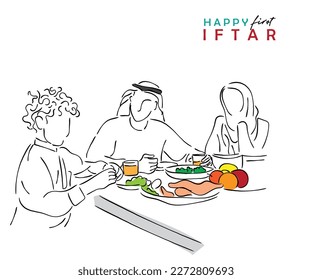 Line art of Muslim family at iftar time. Family dinner ramadan concept. 