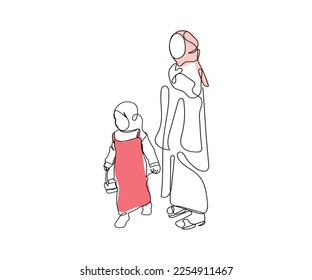 line art of Muslim women. Family matters. Like mother like daughter. Hijab concept. Practicing Muslim family. 