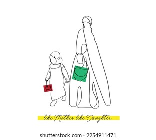 line art of Muslim women. Family matters. Like mother like daughter. Hijab concept. Practicing Muslim family. 