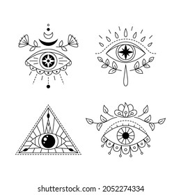 Line art mystic eye tattoo set. Providence sight. Geometric mystical evil symbol, all seeing eye. Sacred geometry collection