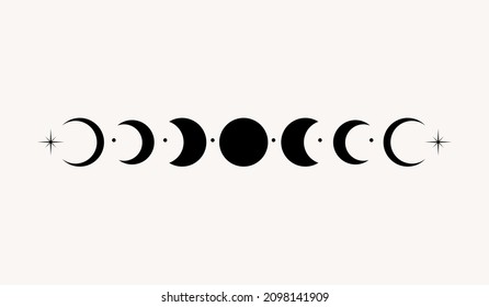 Arte de línea místico eclipse esotérico negro de luna creciente y divisor de estrellas. Borde de astrología de estilo místico celestial tipo boho, símbolo de brujería. Ilustración del vector EPS 10