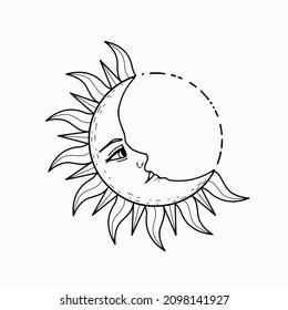 Line art of mystical esoteric decorative crescent moon with face. Hand drawn celestial mystic boho style astrology element, witchcraft outline symbol.  Vector illustration EPS 10