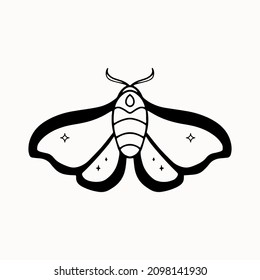 Line art of mystical esoteric symmetrical moth with stars. Hand drawn celestial mystic boho style astrology element, witchcraft outline symbol.  Vector illustration EPS 10