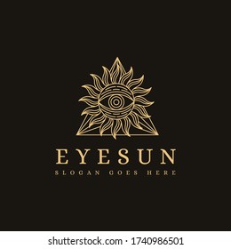 Line art Mystical eye and sun logo icon vector template on black background, vision logo