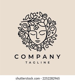 Line Art Natural Floral Beauty woman face logo design