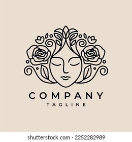 Line Art Natural Floral Beauty woman face logo design