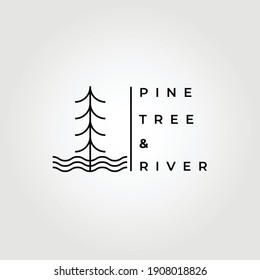 Line art nature logo adventure illustration design, pine tree and river