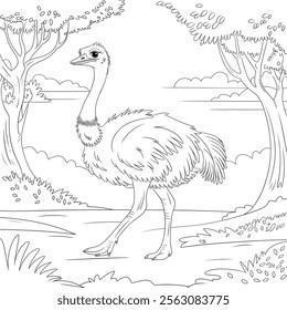 A line art Nature Ostrich illustration of a coloring book 