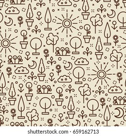 Line art nature seamless pattern - seamless texture with tree, flowers, sun and moon. Vector illustration