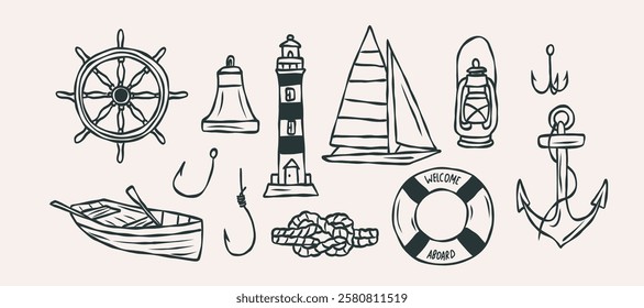 Line art nautical collection. Whimsical illustration