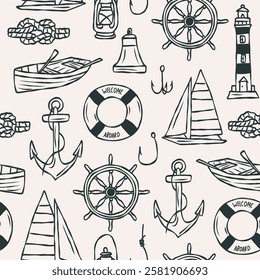 Line art nautical seamless pattern. Whimsical illustration