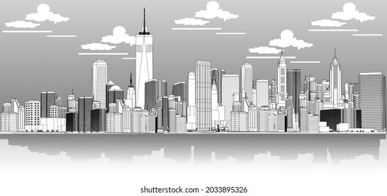 Line art of New York City landmarks in America for travel posters and postcards vectors and illustrations.