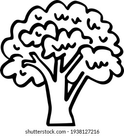 Line art of a nice hand-drawn tree. Stylized oak. Funny black forest doodle. Children's clip art themes of wild life and oak groves. Illustration for creating designs of children's icons and prints.