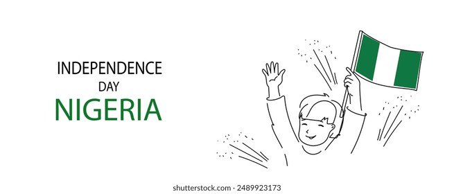 line art of Nigeria independence Day.  cute child holds a  Nigeria flag in his hands. A hand-drawn vector doodle banner, copy space.Happy Nigeria Independent Day. 