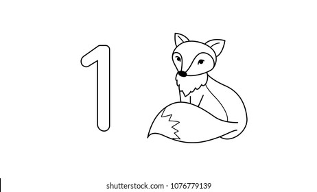 Line Art Of Number One And A Fox For Coloring Book Page For Kids. Vector Illustration