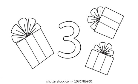 Line art of number three and three gift boxes for coloring book page for kids. Vector illustration