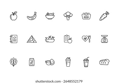 Line art nutrition icons set featuring apple banana salad broccoli carrot scales other food items