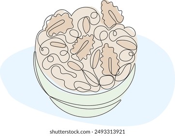 Line Art Nuts in Plate Illustration. Curve Continuous Line Doodle Art. Editable Black Outline Line Ink. Vitamin Healthy Food Concept