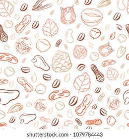 Line art nuts seamless pattern in brown autumn color with hazelnut, walnut, pine nuts, pecan, peanut. Healthy hand drawn snack collection for logo, icon design