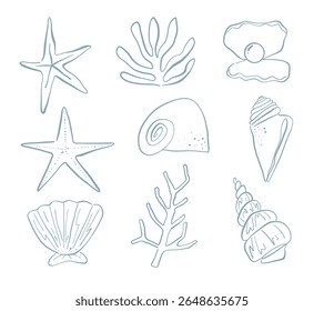 Line Art Ocean Creature And Seashell. Aesthetic line art collection featuring sea creatures coral branches spiral shells pearl oysters and more. Perfect for marine patterns ocean and beach projects