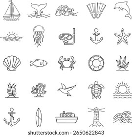 Line Art Ocean Icons: Símbolos Náuticos, Vida Marinha e Férias de Verão.