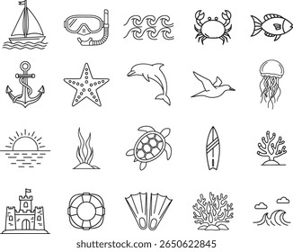 Line Art Ocean Icons: Símbolos Náuticos, Vida Marinha e Férias de Verão.