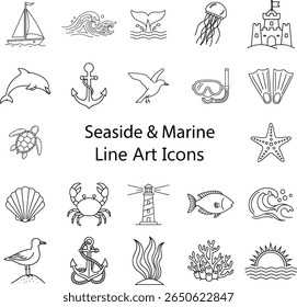 Line Art Ocean Icons: Símbolos Náuticos, Vida Marinha e Férias de Verão.