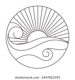 line art ocean waves and sunbeam logo design
