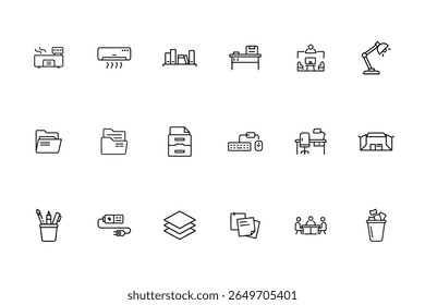 Line art office icons including printer air conditioner bookshelves desk lamp folders desk computer