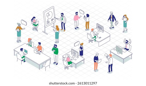 Line art office people silhouettes isometric vector set isolated on white background. Teamwork, cooperation. Isometric office workspace with people working together. Coworking. 