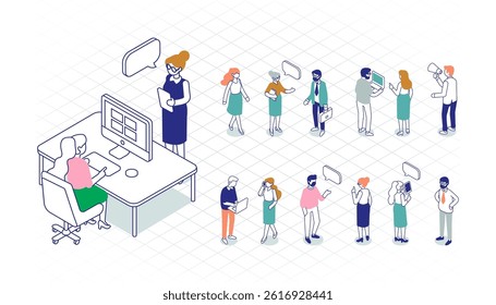 Line art office people silhouettes isometric vector set isolated on white background. Teamwork, cooperation. Coworking. 