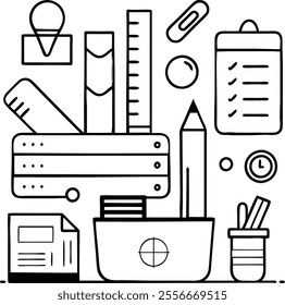 line art of office supplies, School - line vector icon set. Pixel perfect. Editable stroke. The set includes a School Building, Education, Teacher, Classroom, High School, University