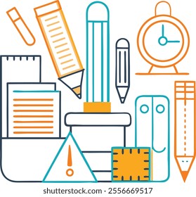 line art of office supplies, School - line vector icon set. Pixel perfect. Editable stroke. The set includes a School Building, Education, Teacher, Classroom, High School, University