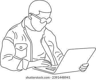  line art of office worker concentrated behind computer
