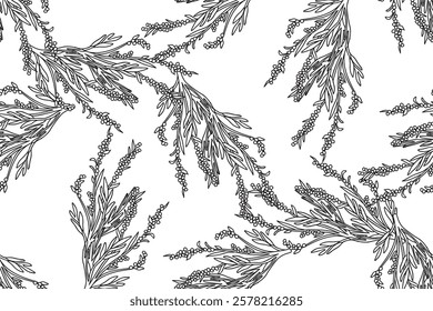 Line art olive plant branches with leaves and berries abstract seamless pattern vector illustration. Black and white outline botanical repeating Olive trees background. Graphic design for Cover