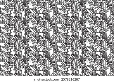 Line art olive plant branches with leaves and berries abstract seamless pattern vector illustration. Black and white outline botanical repeating Olive trees background. Graphic design for Cover