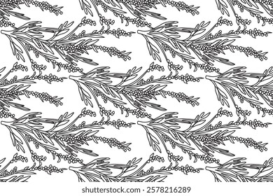 Line art olive plant branches with leaves and berries abstract seamless pattern vector illustration. Black and white outline botanical repeating Olive trees background. Graphic design for Cover