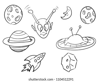 Line art on a space theme. Planets, rocket, UFO and alien. Doodle.