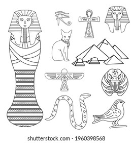 line Art on the theme of Egypt sarcophagus, Pharaoh, Egyptian cross, bird, snake, amulet, cat, eye and pyramids on white background
